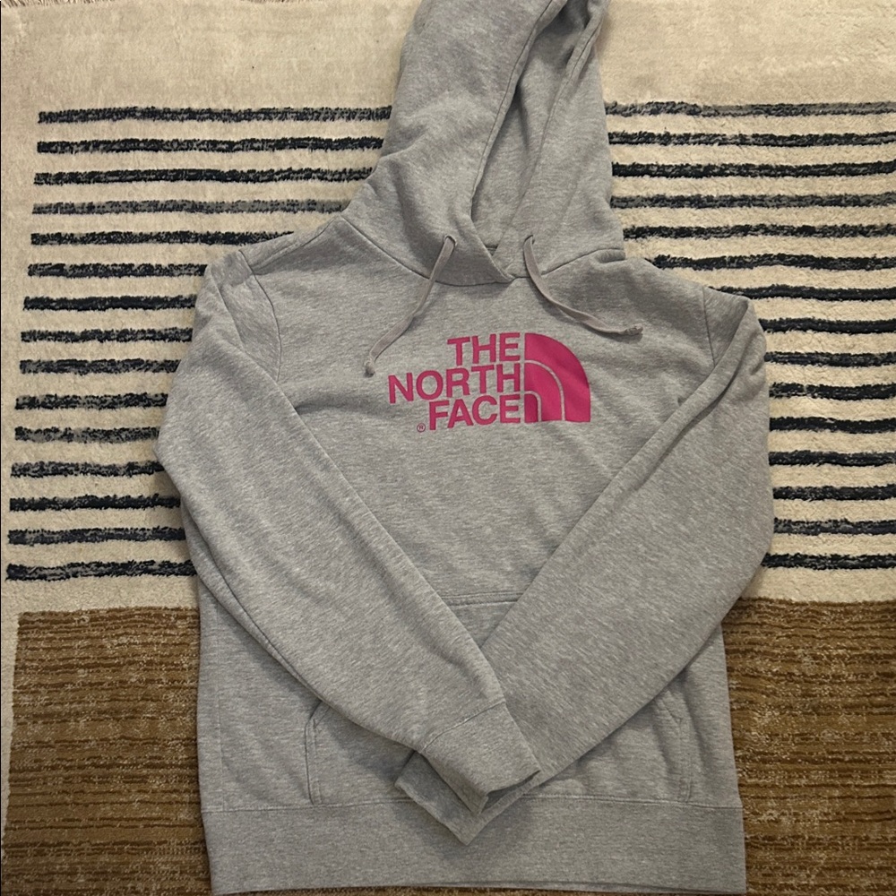 The North Face Heather Gray Hoodie with Pink Logo